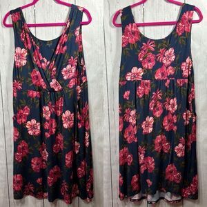 Garnet Hill Navy Pink Floral Sleeveless Dress XL Cottagecore Romantic Pockets